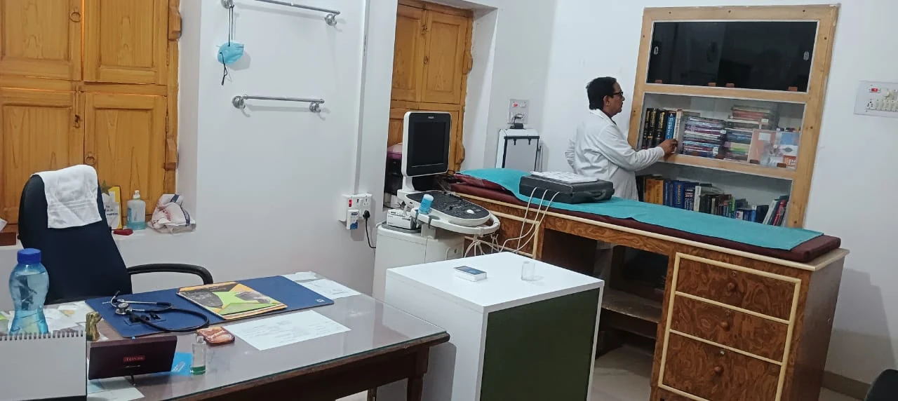 Clinic interior with examination area and medical equipment